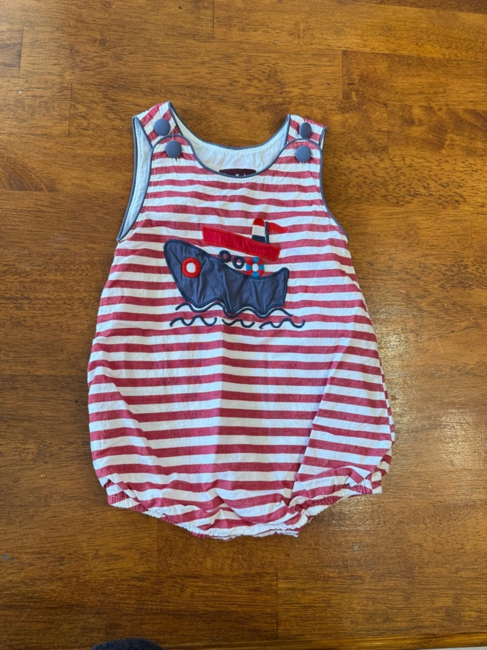 Lil Cactus Red and White Striped Baby Romper with Navy Trim boat size 12-18M